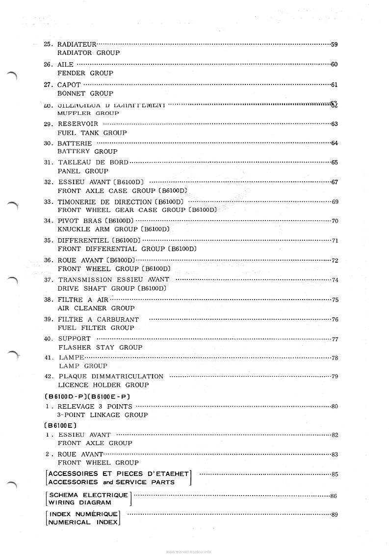 Cinquième page du Catalogue de la liste des pièces de rechange tracteurs Kubota B6100 D-P B6100 E-P 