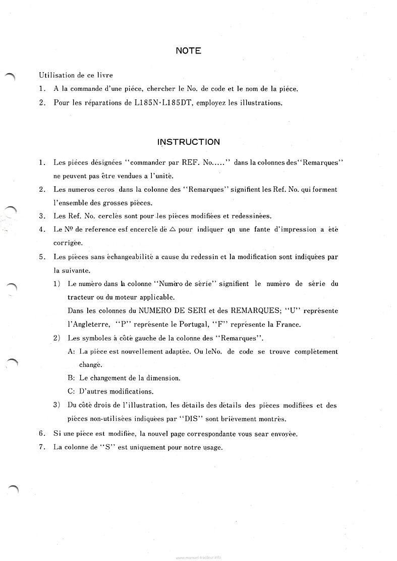 Deuxième page du Liste des pièces de rechange tracteurs Kubota L185 L185DT