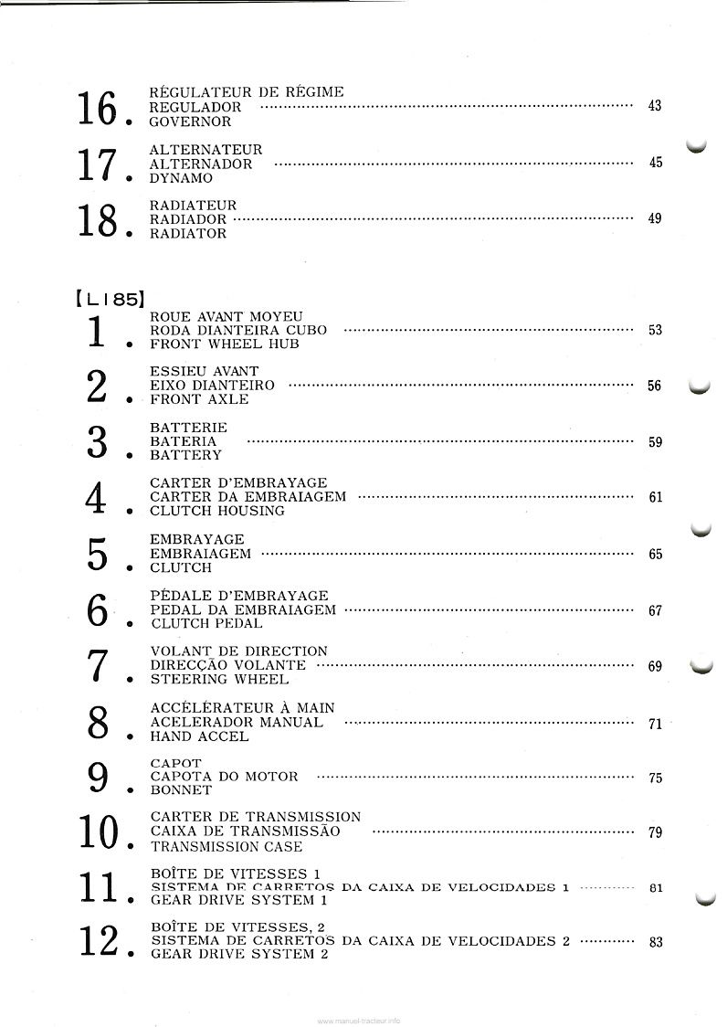 Quatrième page du Liste des pièces de rechange tracteurs Kubota L185 L185DT