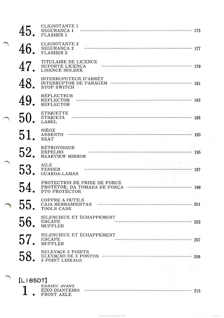 Septième page du Liste des pièces de rechange tracteurs Kubota L185 L185DT