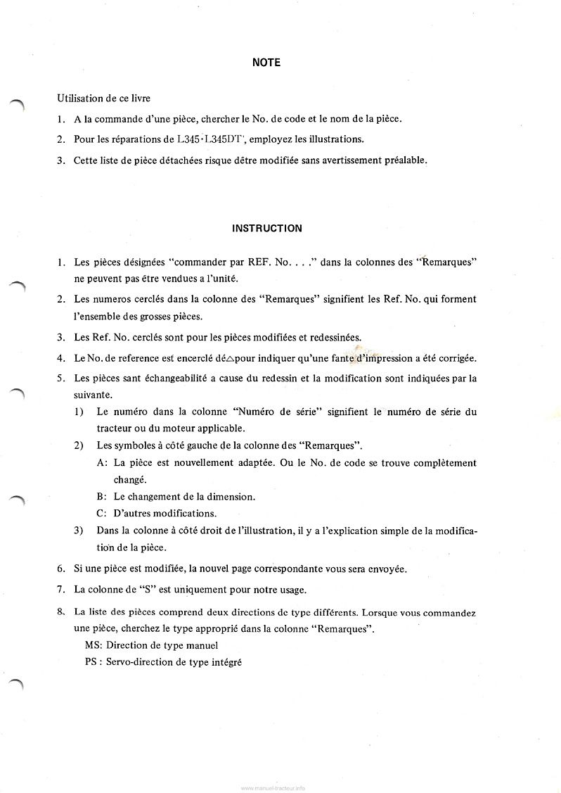 Deuxième page du Liste des pièces de rechange tracteurs Kubota L345 L345DT