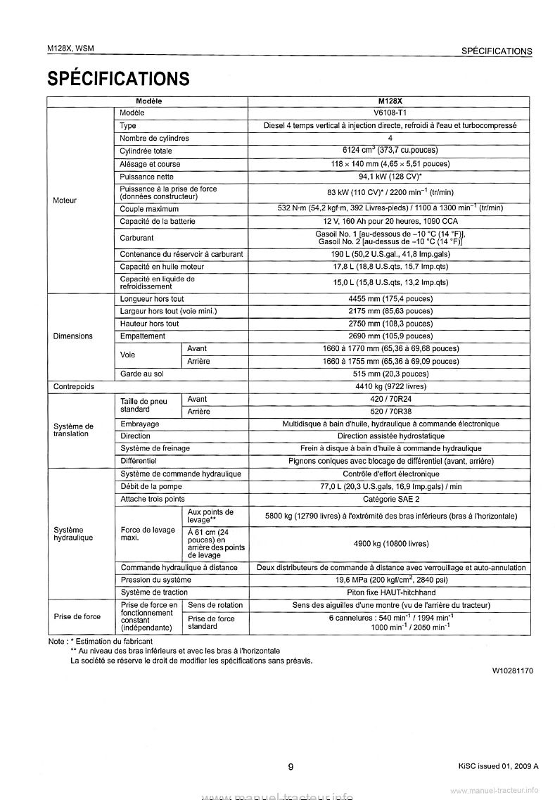 Troisième page du Manuel atelier tracteur Kubota M128X 