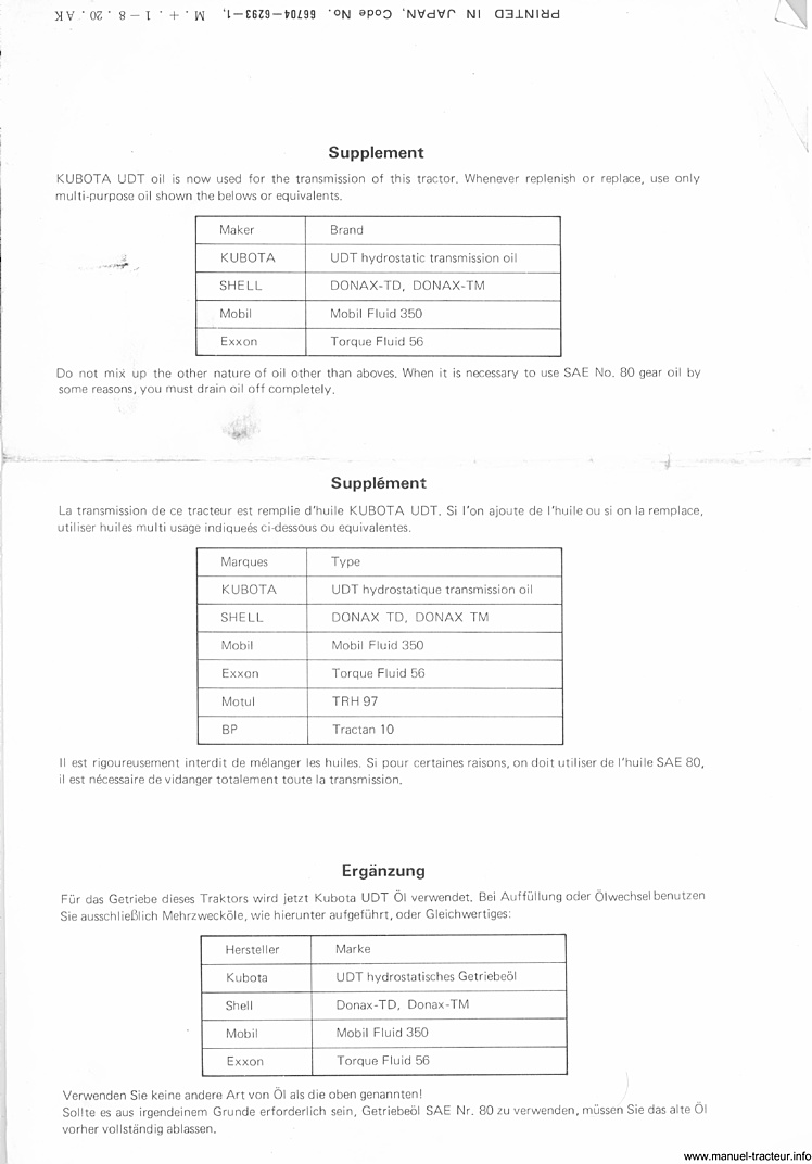 Troisième page du Manuel utilisateur KUBOTA Modèle B5100D-E B6100D-E B7100D