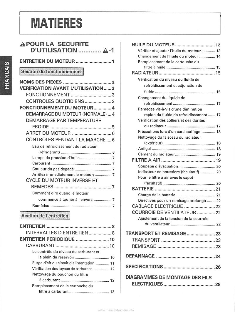 Deuxième page du Manuel de l'opérateur moteur Kubota Diesel D905-E V1205-E V1505-E D1005-E V1205-TE V1505-TE D1105-E V1305-E