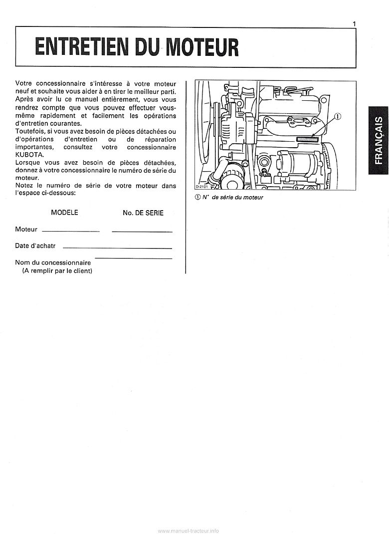 Troisième page du Manuel de l'opérateur moteur Kubota Diesel D905-E V1205-E V1505-E D1005-E V1205-TE V1505-TE D1105-E V1305-E