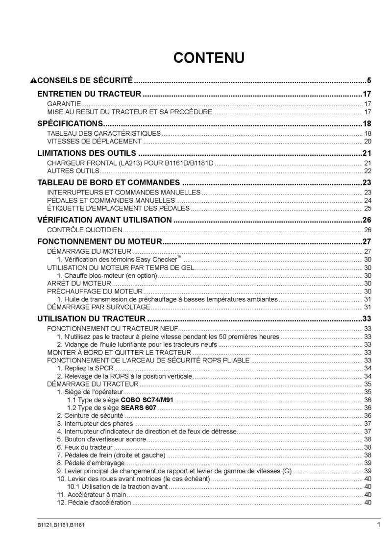 Page 1 du sommaire - Manuel utilisateur tracteurs Kubota B1121 B1161 B1181