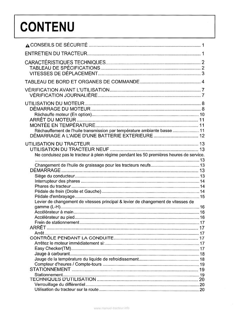 Deuxième page du Manuel utilisateur tracteur Kubota B1220