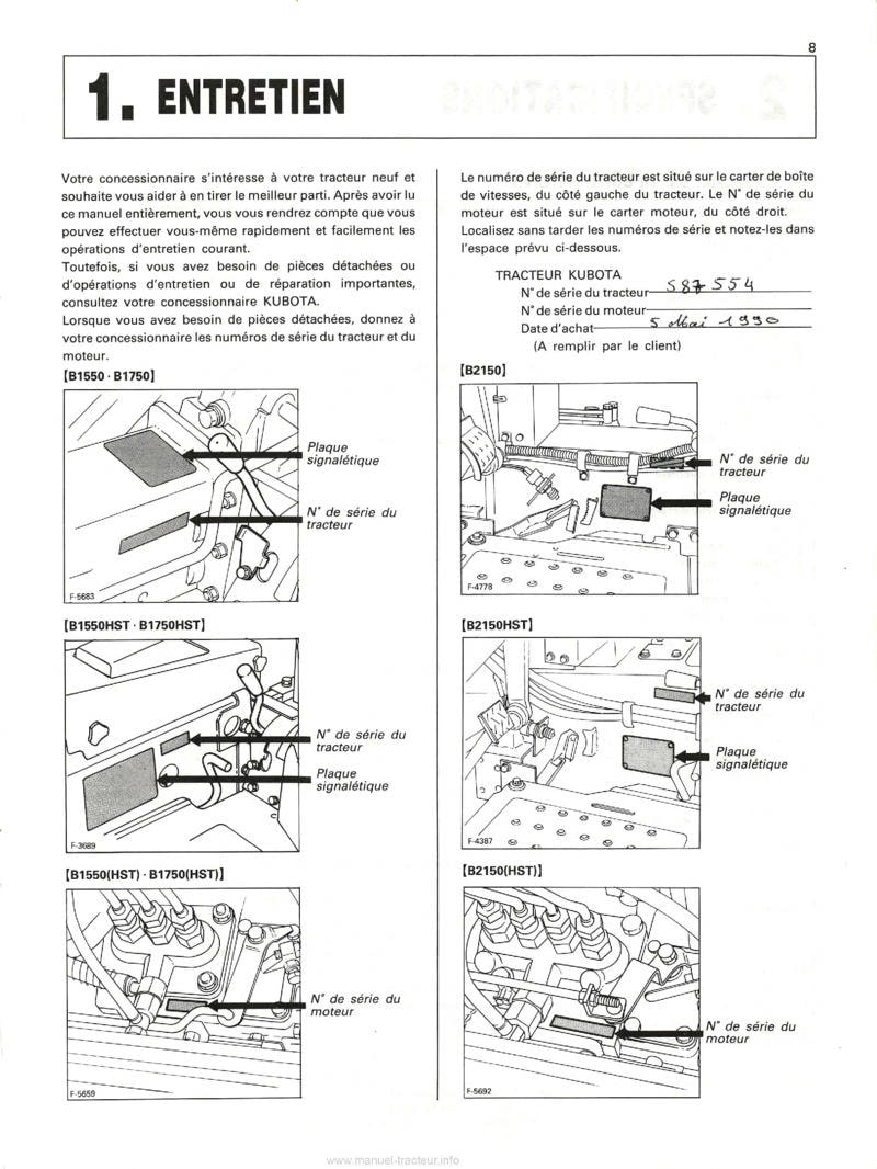 Page 2 du manuel d'atelier - Manuel utilisateur tracteurs Kubota B1550 B1750 B2150 HST