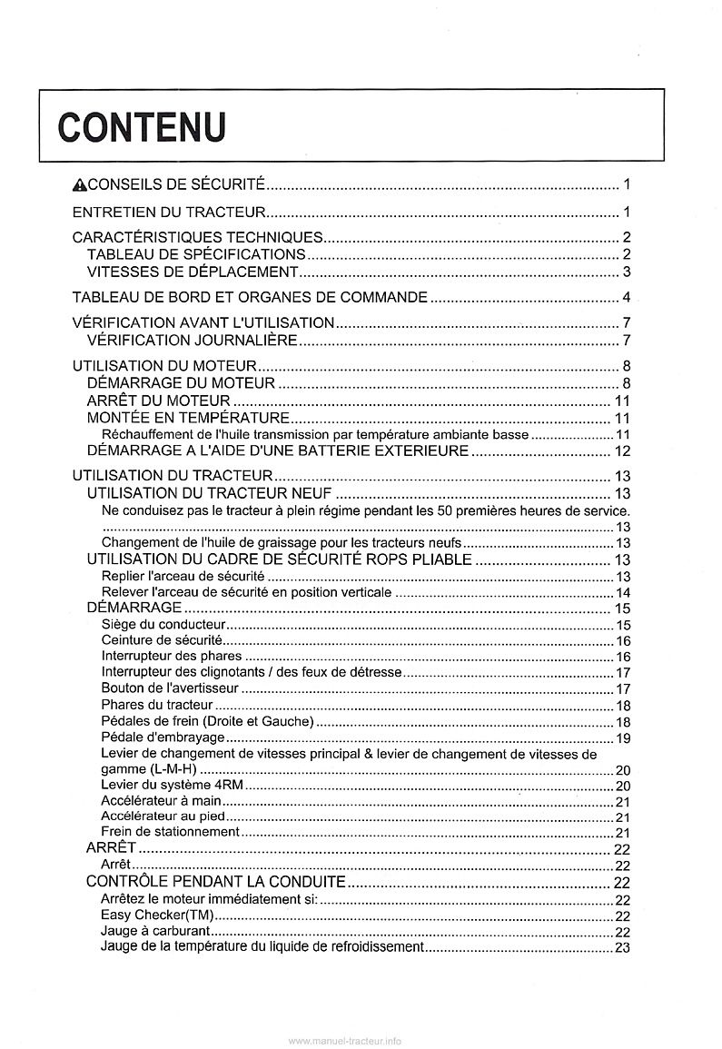 Deuxième page du Manuel utilisateur tracteur Kubota B2420