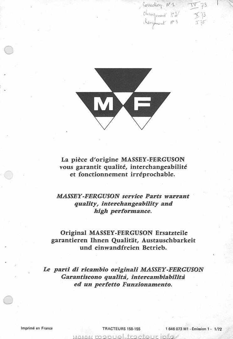 Deuxième page du Catalogue pièces détachées MASSEY FERGUSON MF 155 158