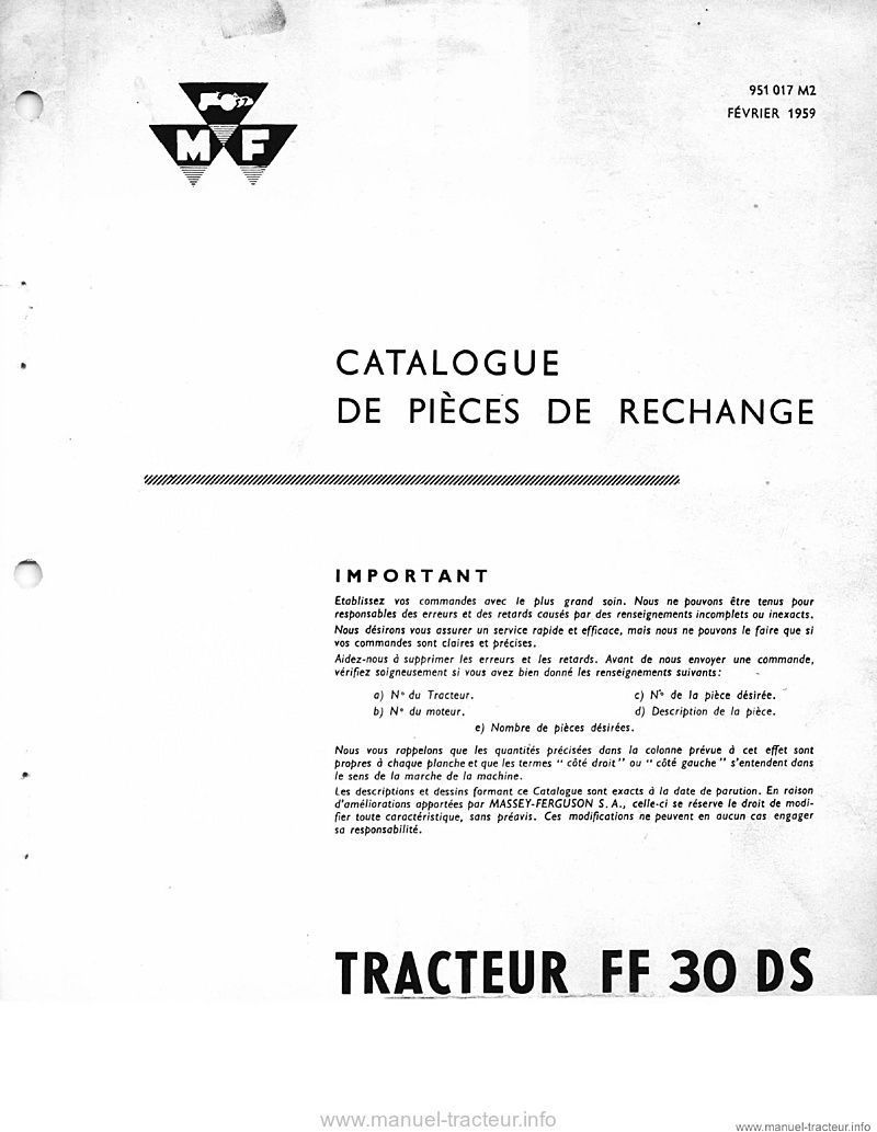 Deuxième page du Catalogue pièces MASSEY FERGUSON FF 30 DS