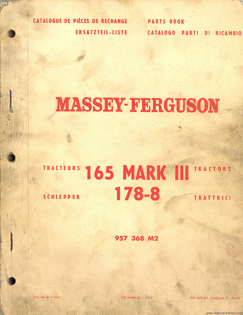Première page du Catalogue pièces rechange MASSEY FERGUSON MF 165 Mark III 178-8