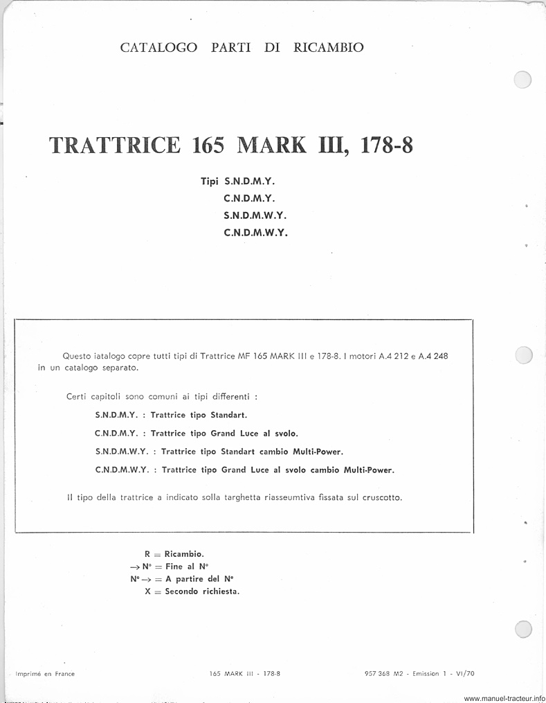 Sixième page du Catalogue pièces rechange MASSEY FERGUSON MF 165 Mark III 178-8