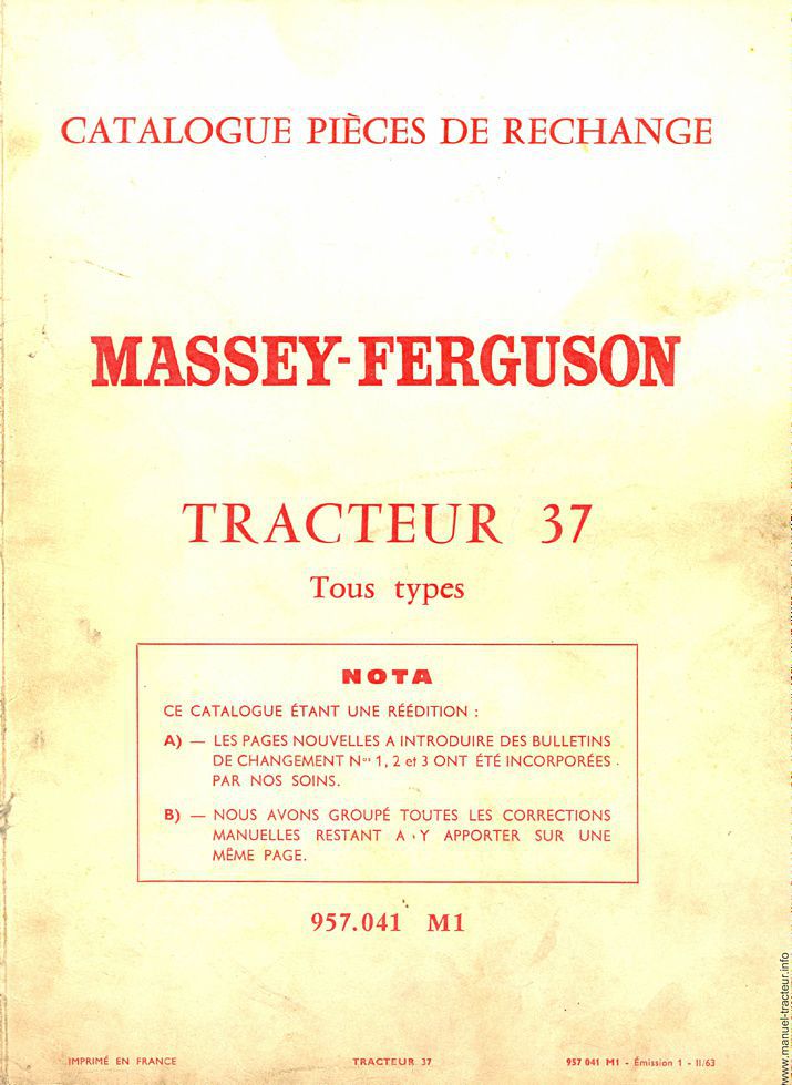 Première page du Catalogue pièces rechange le MASSEY FERGUSON MF 37