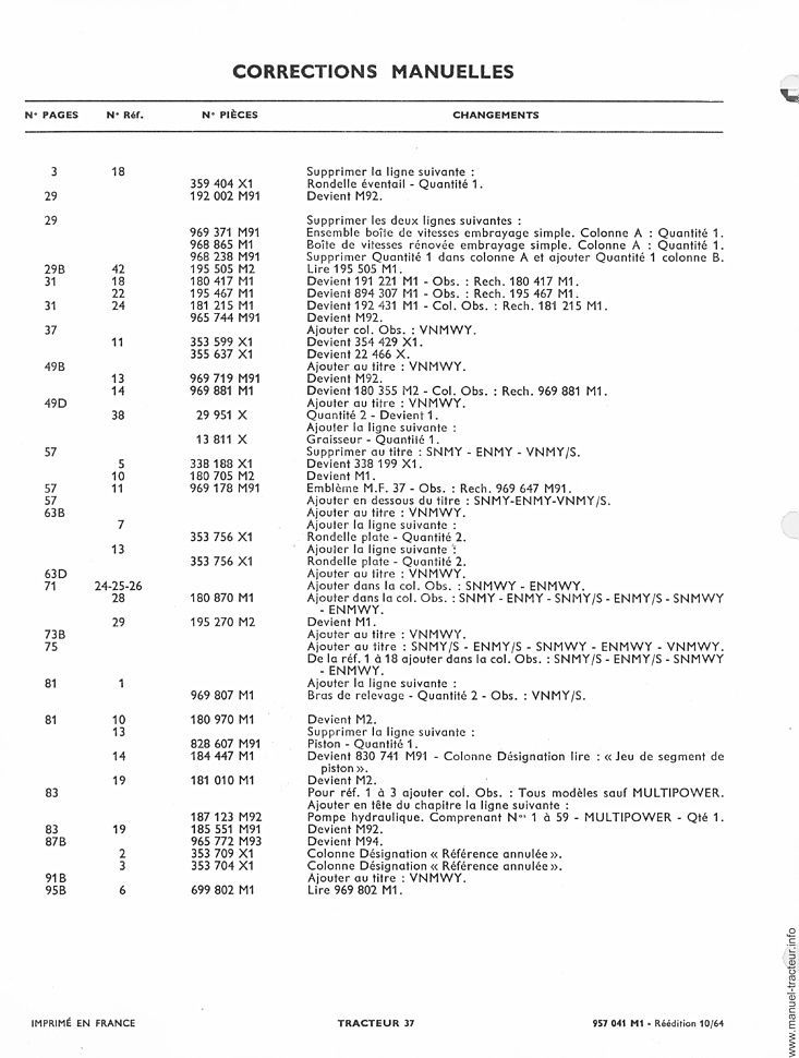 Troisième page du Catalogue pièces rechange le MASSEY FERGUSON MF 37