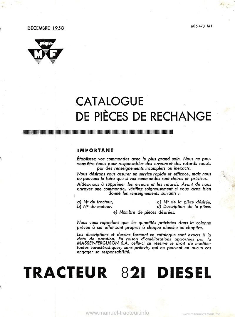 Deuxième page du Catalogue pièces MF 821