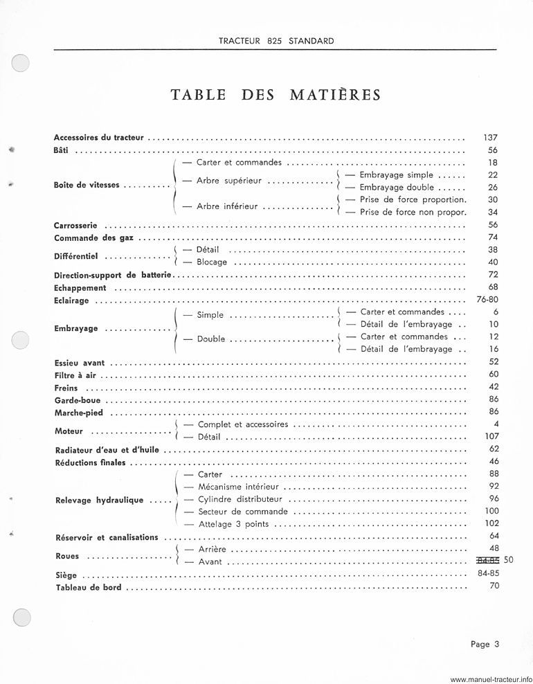 Quatrième page du Catalogue pièces rechange MASSEY FERGUSON MF 825 Standard