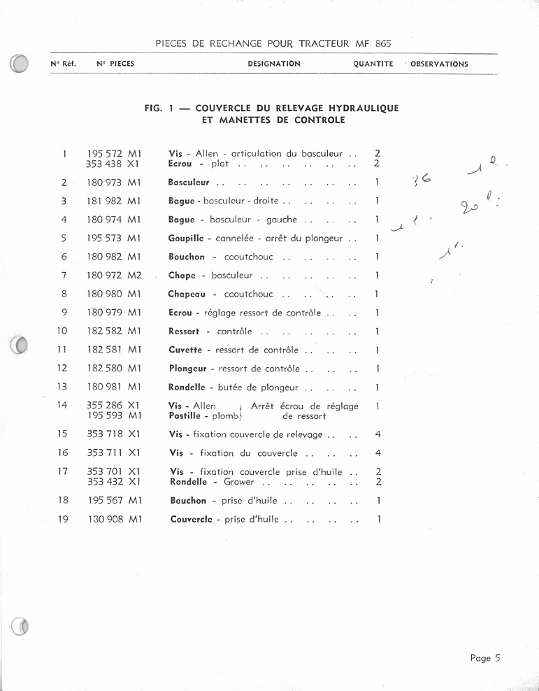 Sixième page du Catalogue pièces rechange MASSEY FERGUSON MF 865