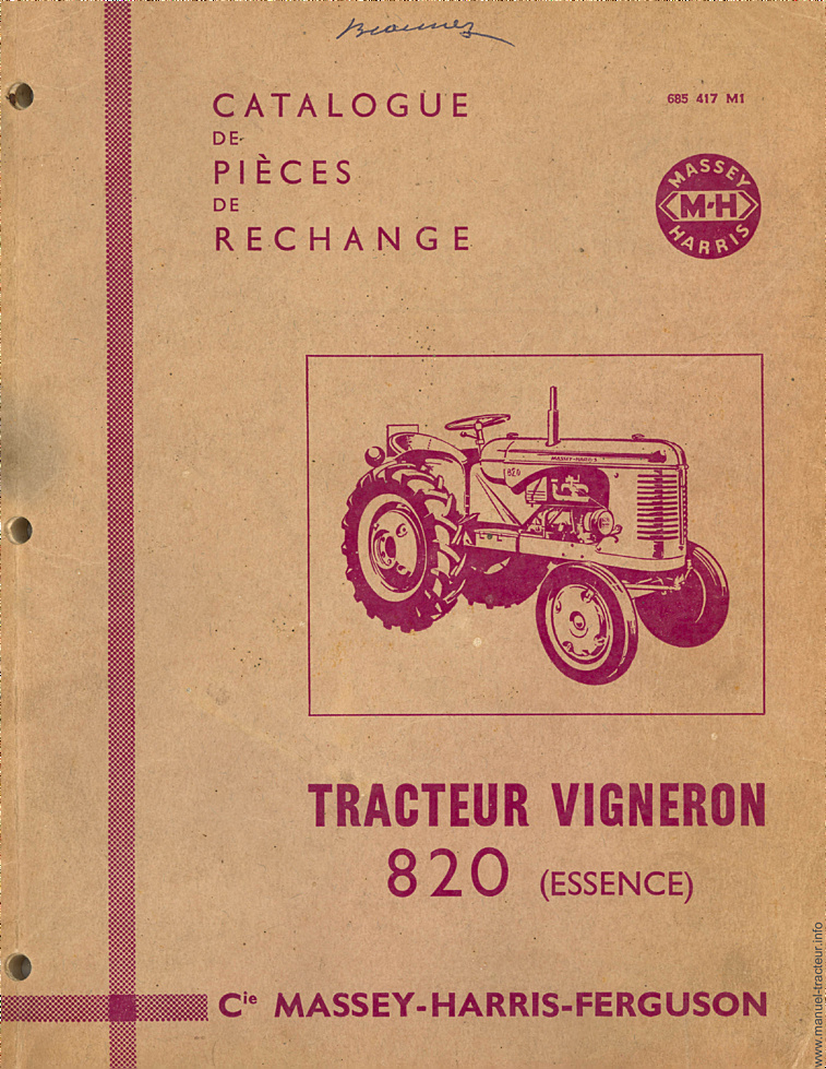 Première page du Catalogue pièces détachées MASSEY HARRIS 820