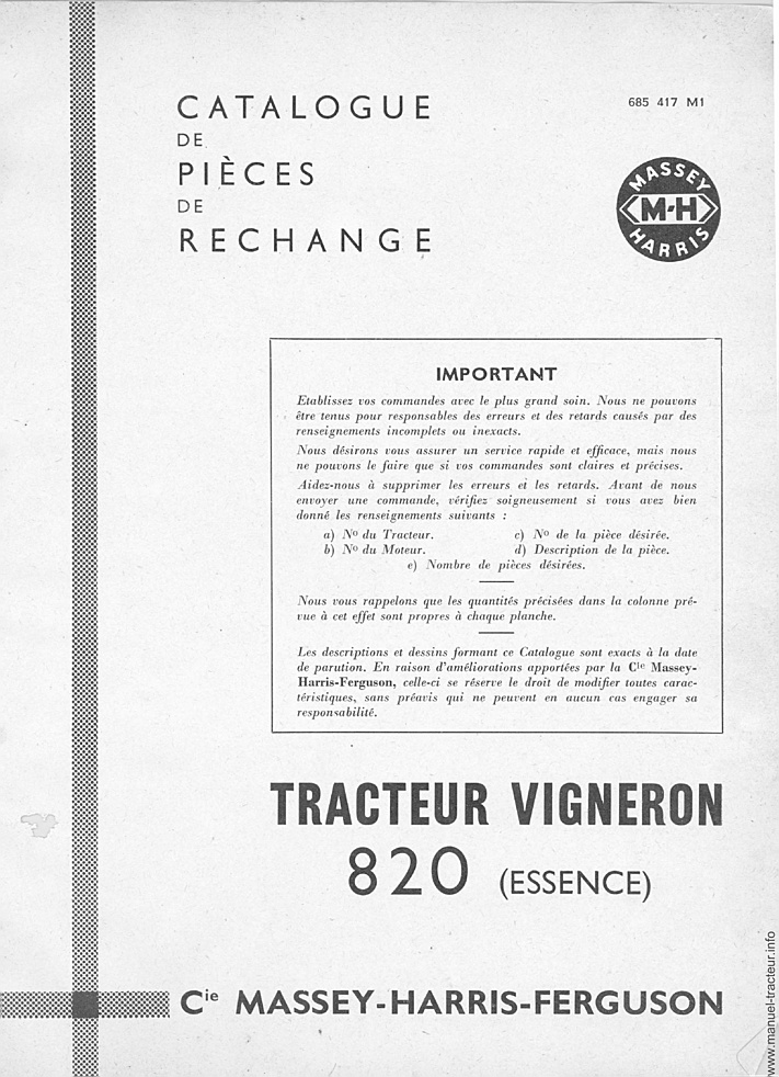 Deuxième page du Catalogue pièces détachées MASSEY HARRIS 820