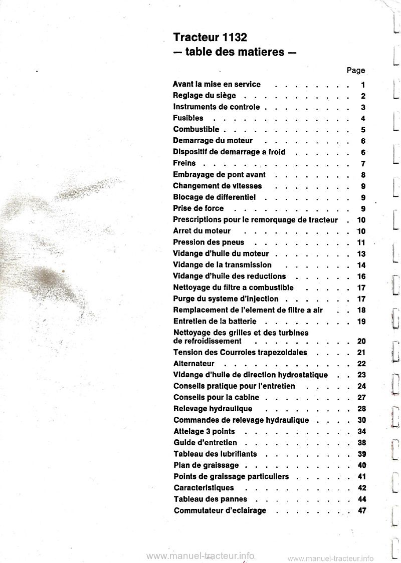 Deuxième page du Livret Entretien tracteur MF 1132