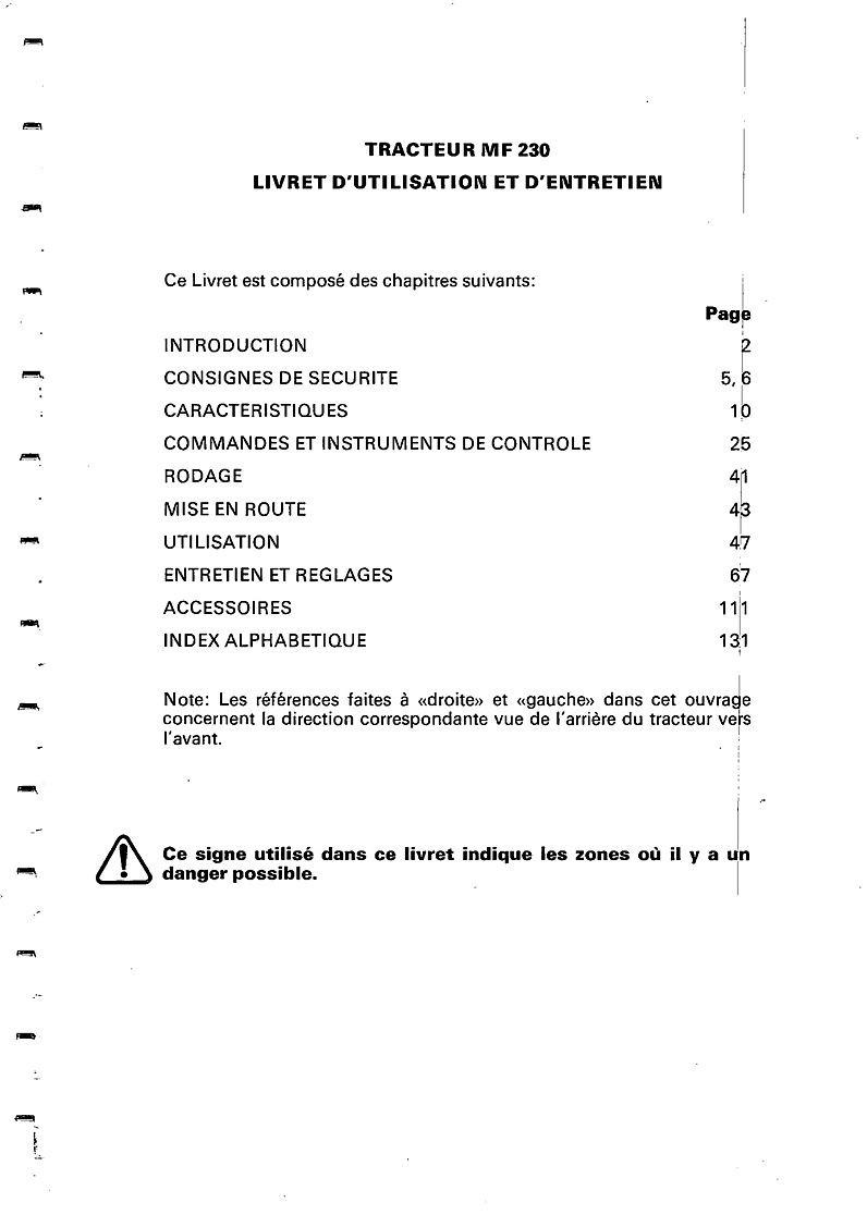 Deuxième page du Livret d'utilisation et d'entretien pour le tracteur Massey Ferguson 230