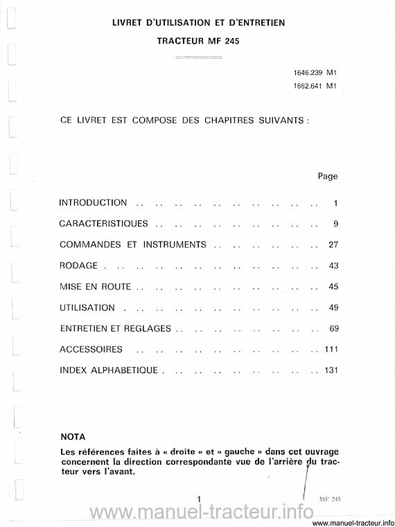 Troisième page du Livret entretien MASSEY FERGUSON MF 245