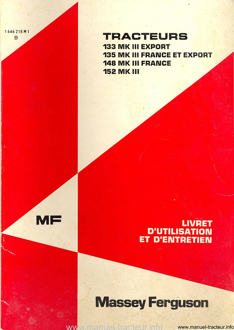 Première page du Livret entretien MASSEY FERGUSON MF 133 135 148 152 Mark III