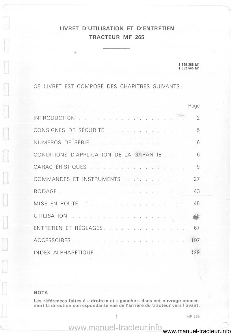 Troisième page du Livret entretien MASSEY FERGUSON MF 265