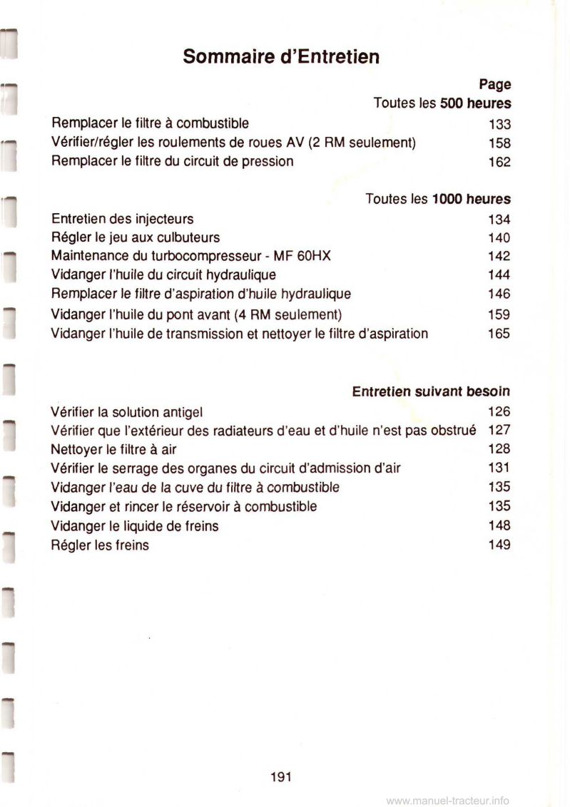 Septième page du Livret d'utilisation et d'entretien chargeuse pelleteuse MF50H MF50HX MF60HX Turbo