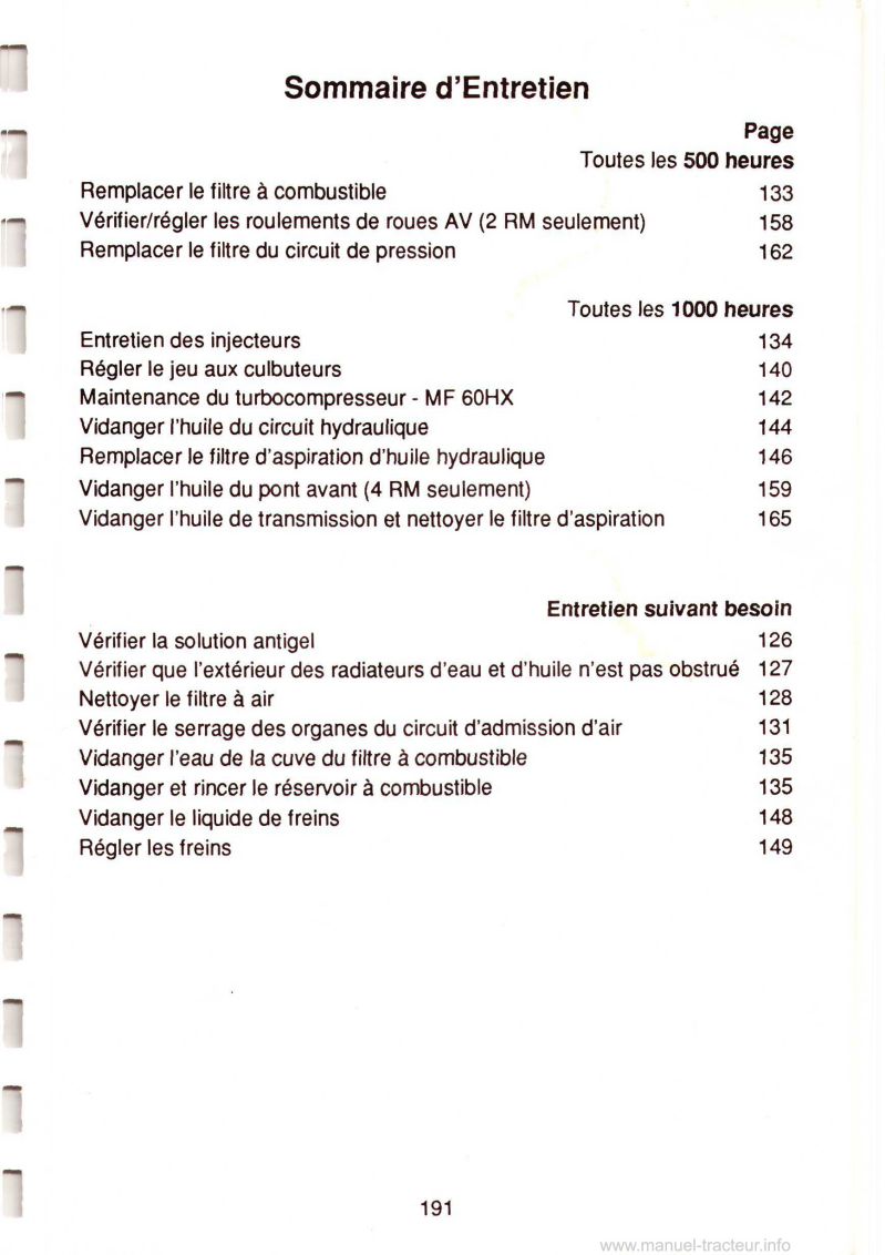 Septième page du Livret d'utilisation et d'entretien chargeuse pelleteuse MF50H MF50HX MF60HX Turbo