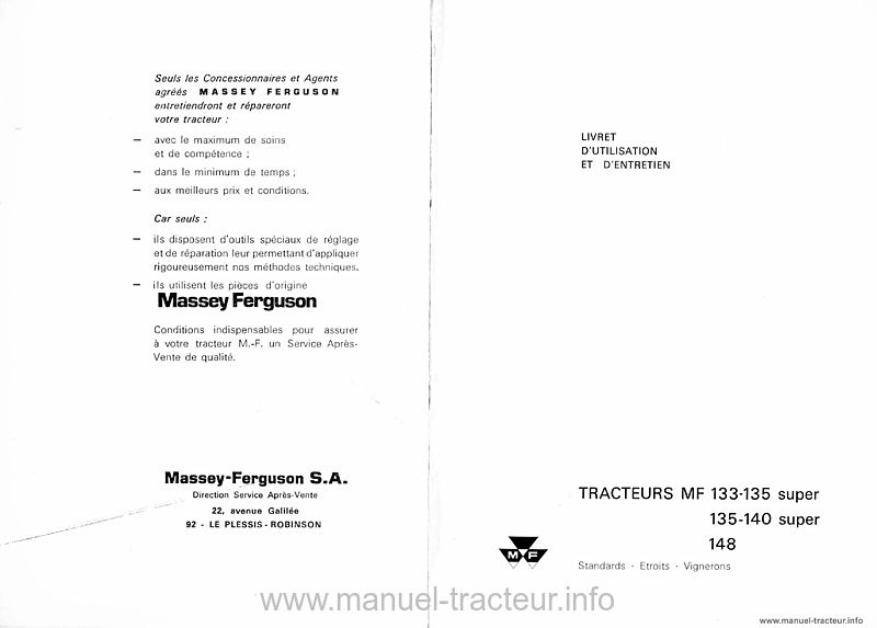 Deuxième page du Livret entretien MF 133 135 140 Super 148