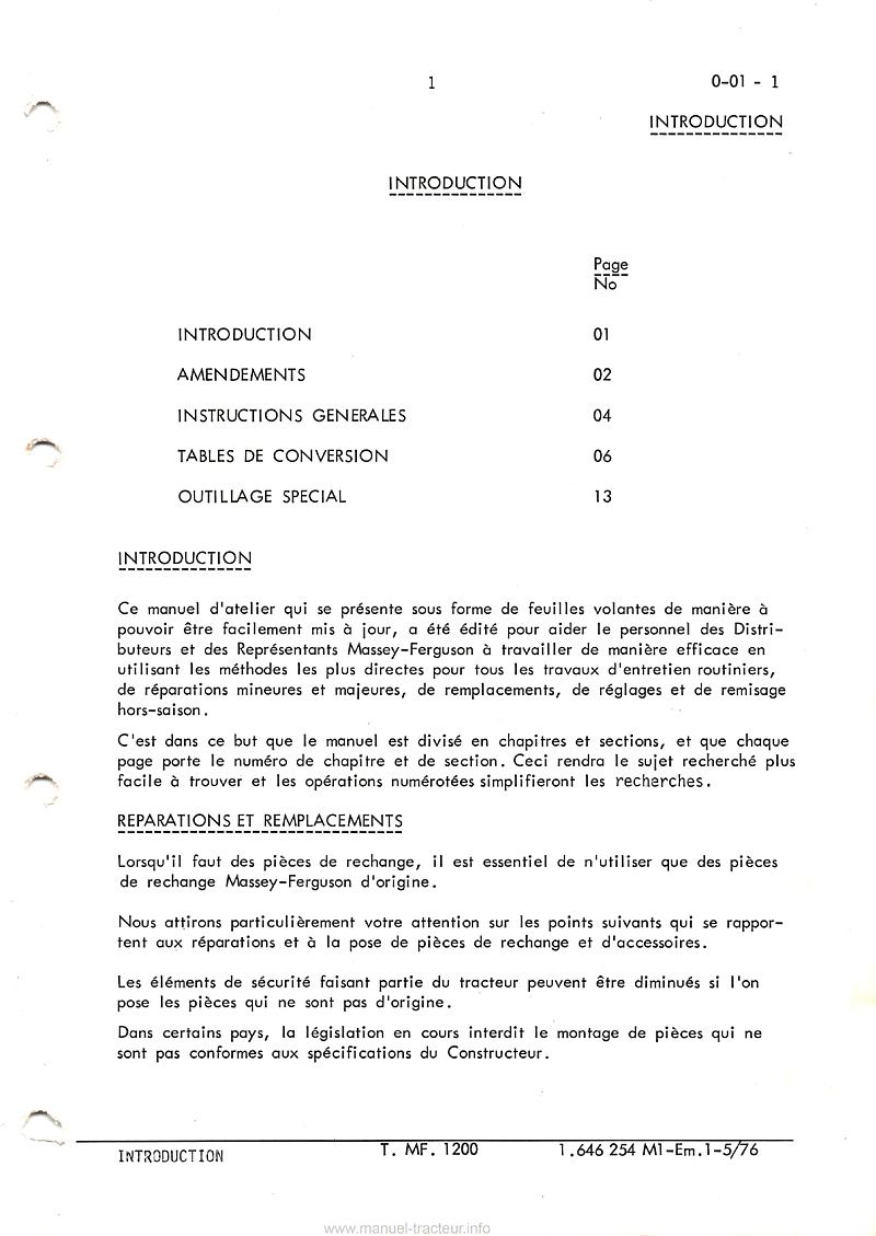 Troisième page du Manuel atelier tracteur Massey Ferguson MF 1200