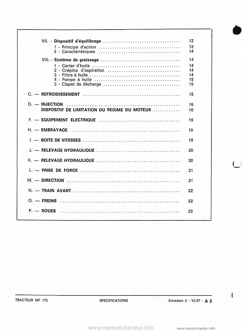 Troisième page du Manuel atelier Massey Ferguson 175
