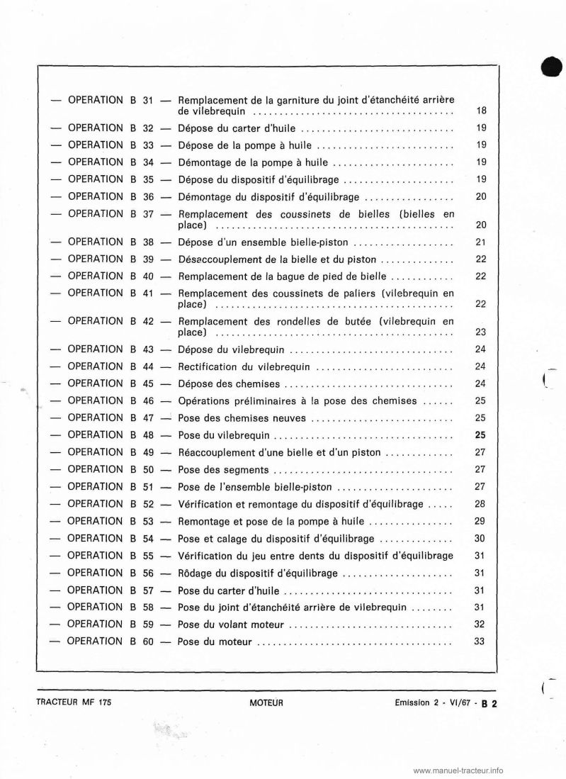 Huitième page du Manuel atelier Massey Ferguson 175