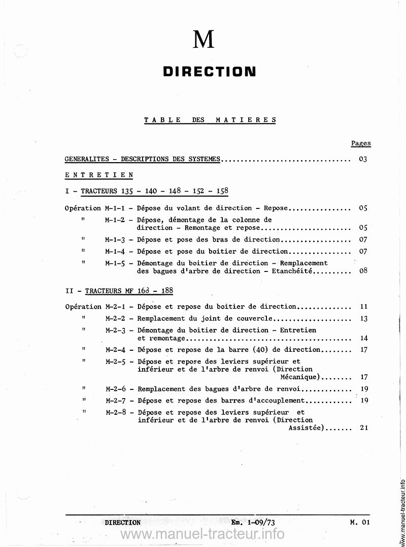 Première page du Manuel atelier MASSEY FERGUSON 135 140 148 152 158 168 188