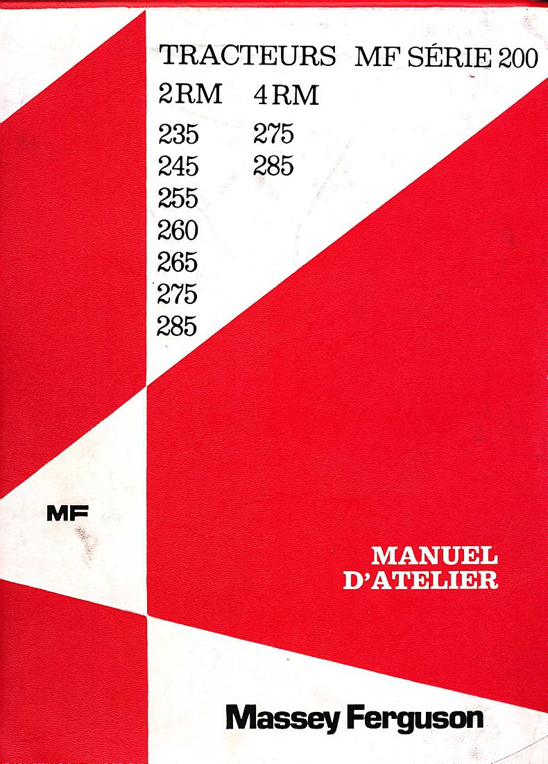 Première page du Manuel atelier MASSEY FERGUSON MF 235 245 255 260 265 275 285