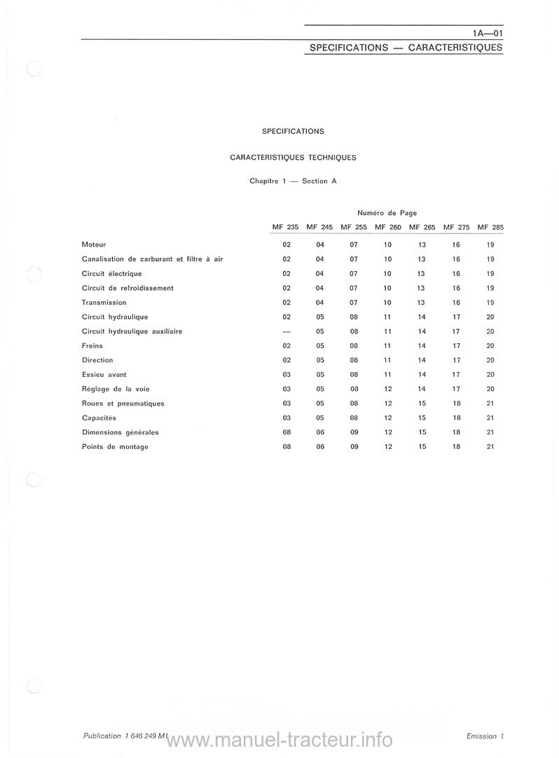 Cinquième page du Manuel atelier MASSEY FERGUSON MF 235 245 255 260 265 275 285