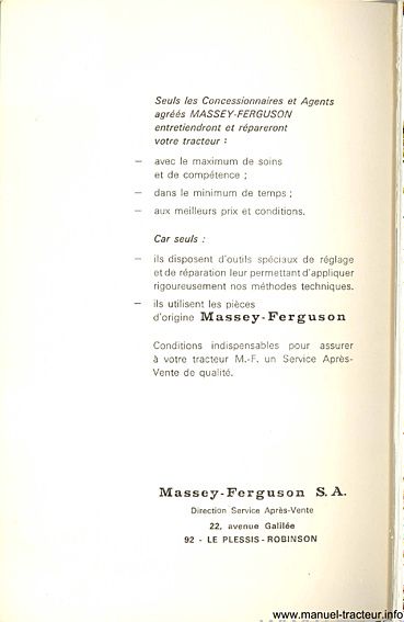 Deuxième page du Livret entretien MASSEY FERGUSON MF 175-S