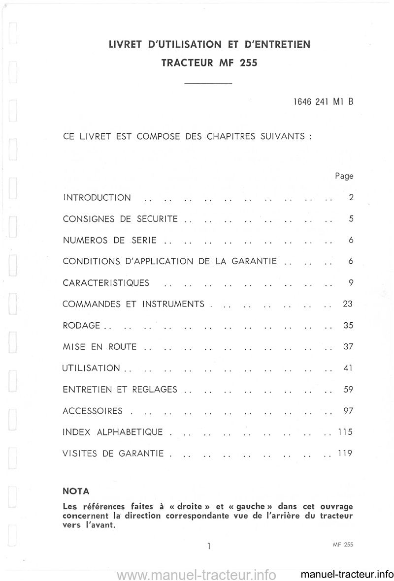 Troisième page du Livret entretien MASSEY FERGUSON MF 255