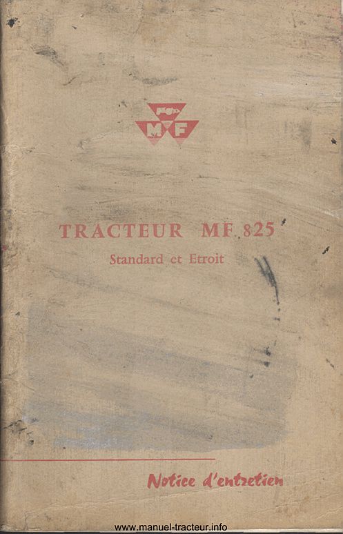 Première page du Notice entretien MASSEY FERGUSON MF 825 Standard étroit