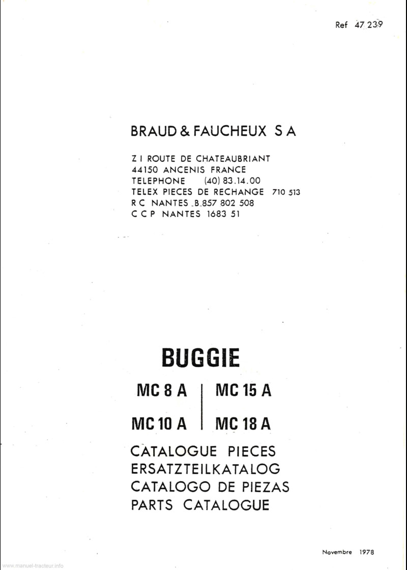 Première page de la revue technique - Catalogue pièces détachées Buggie Manitou MC8A MC10A MC15A MC18A