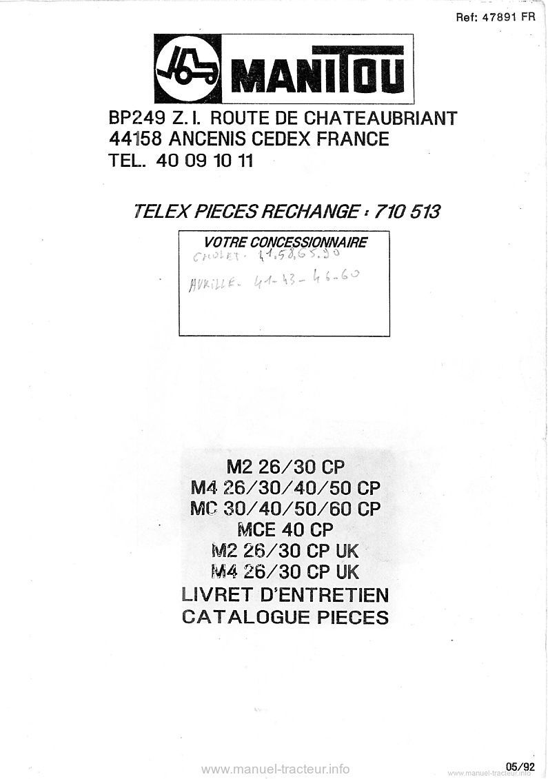 Première page du Livret entretien et catalogue pièces Manitou M2 M4 MC MCE 26/30/40/50/60 CP UK
