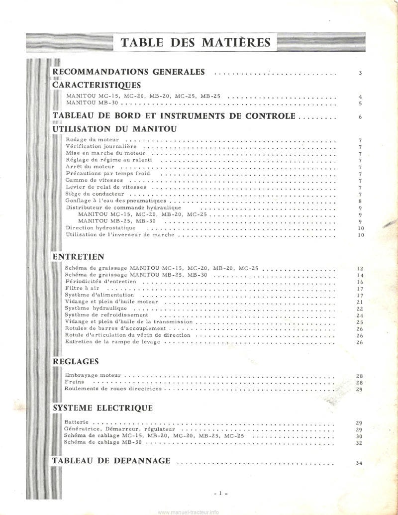 Page 1 du sommaire - Livret entretien Manitou MC15 MC20 MC20E MC25 MB20 MB25 MB25-1 MB30