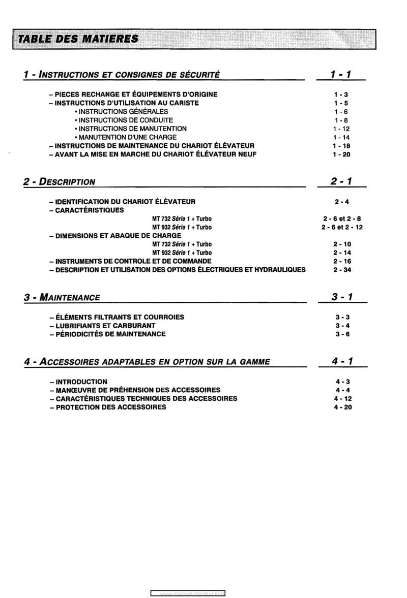 Page 1 du sommaire - Notice instructions chariot élévateur Manitou MT 732 932 Série 1 Turbo