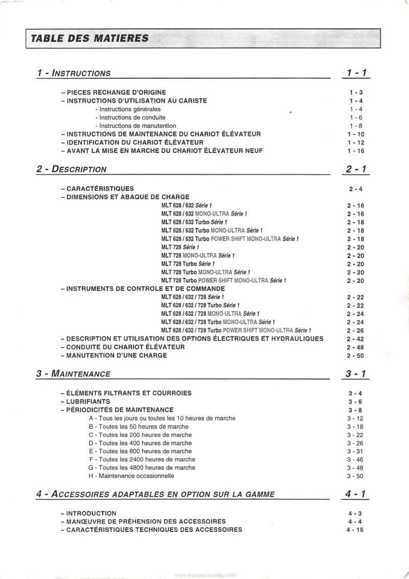 Page 2 du manuel d'atelier - Notice d'instructions chariot élévateur Manitou MLT 628 632 728 série 1
