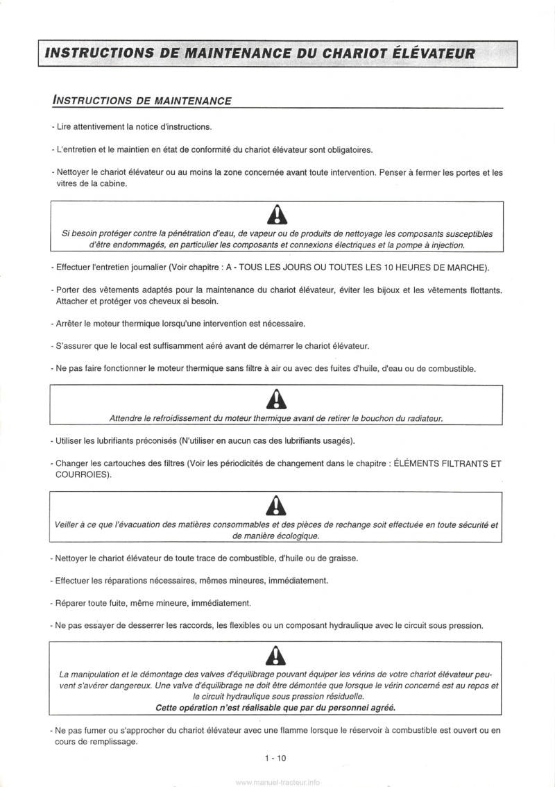 Extrait de la notice technique - Notice d'instructions chariot élévateur Manitou MLT 628 632 728 série 1