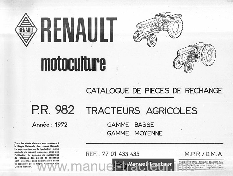 Première page du Catalogue pièces détachées RENAULT P.R.982 53 55 56 57 50 60 70 80 51 456 86 88 89 486 489 82