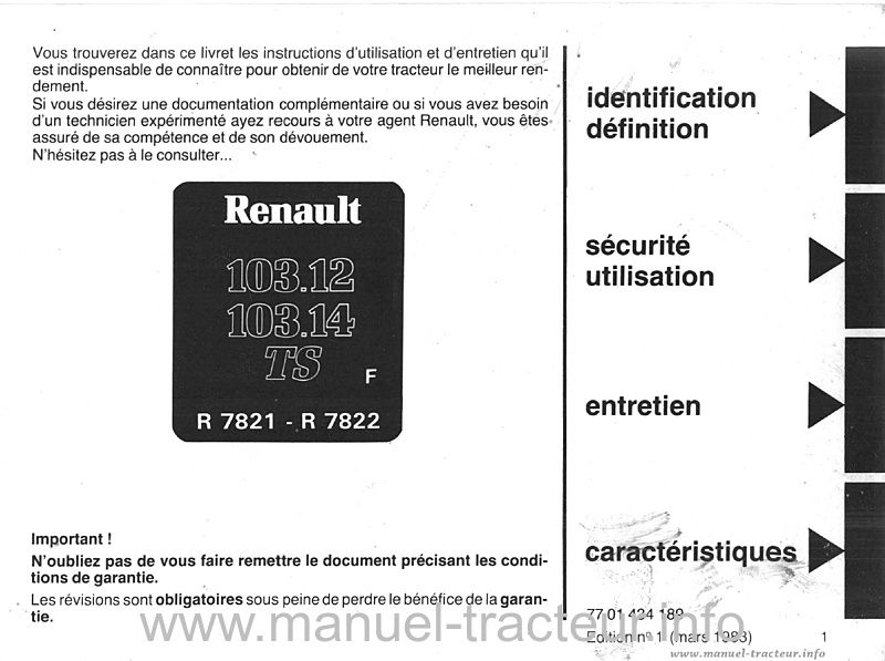 Deuxième page du Guide entretien RENAULT 103.12 103.14 TS