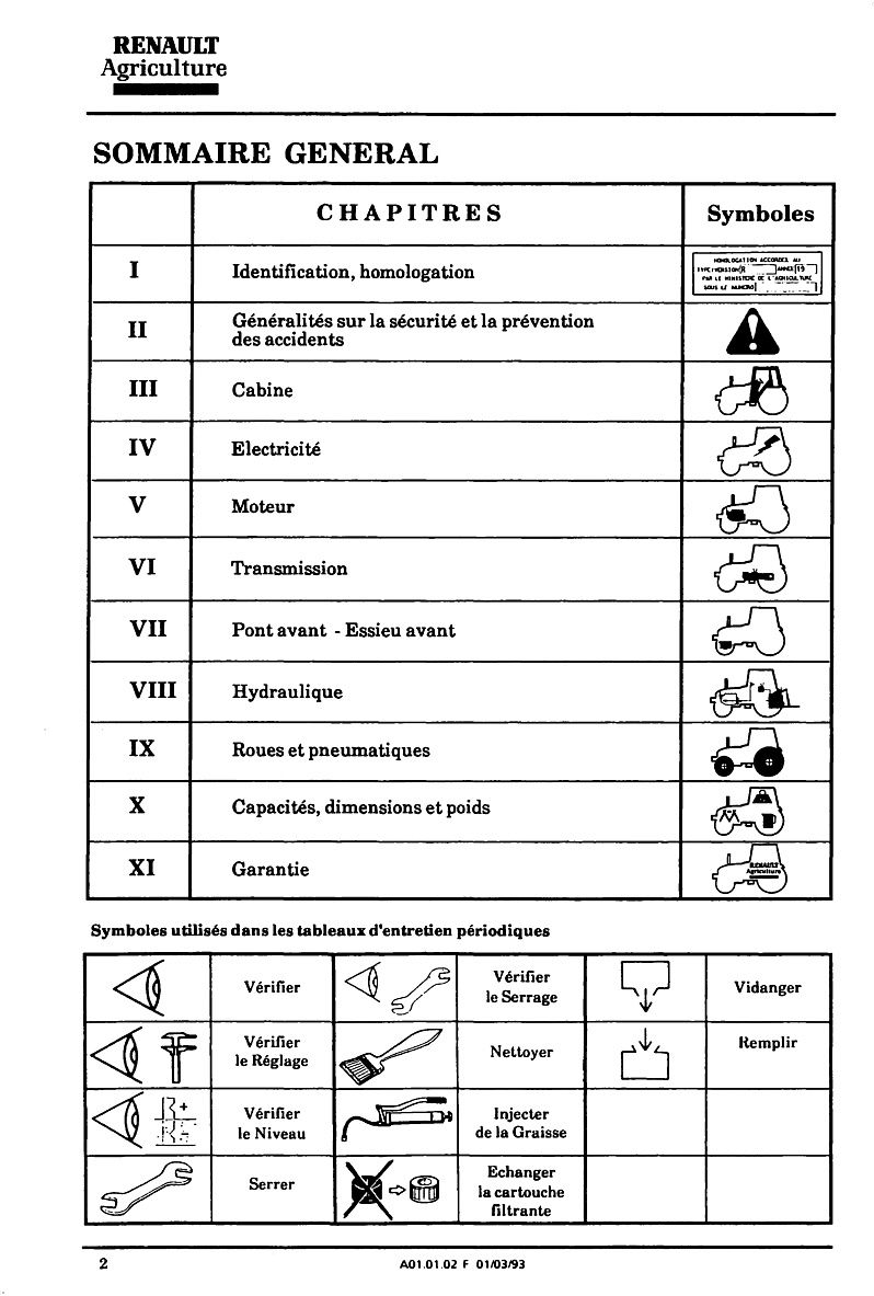 Troisième page du Guide d'entretien et d'utilisation pour les tracteurs Renault CERES 65 70